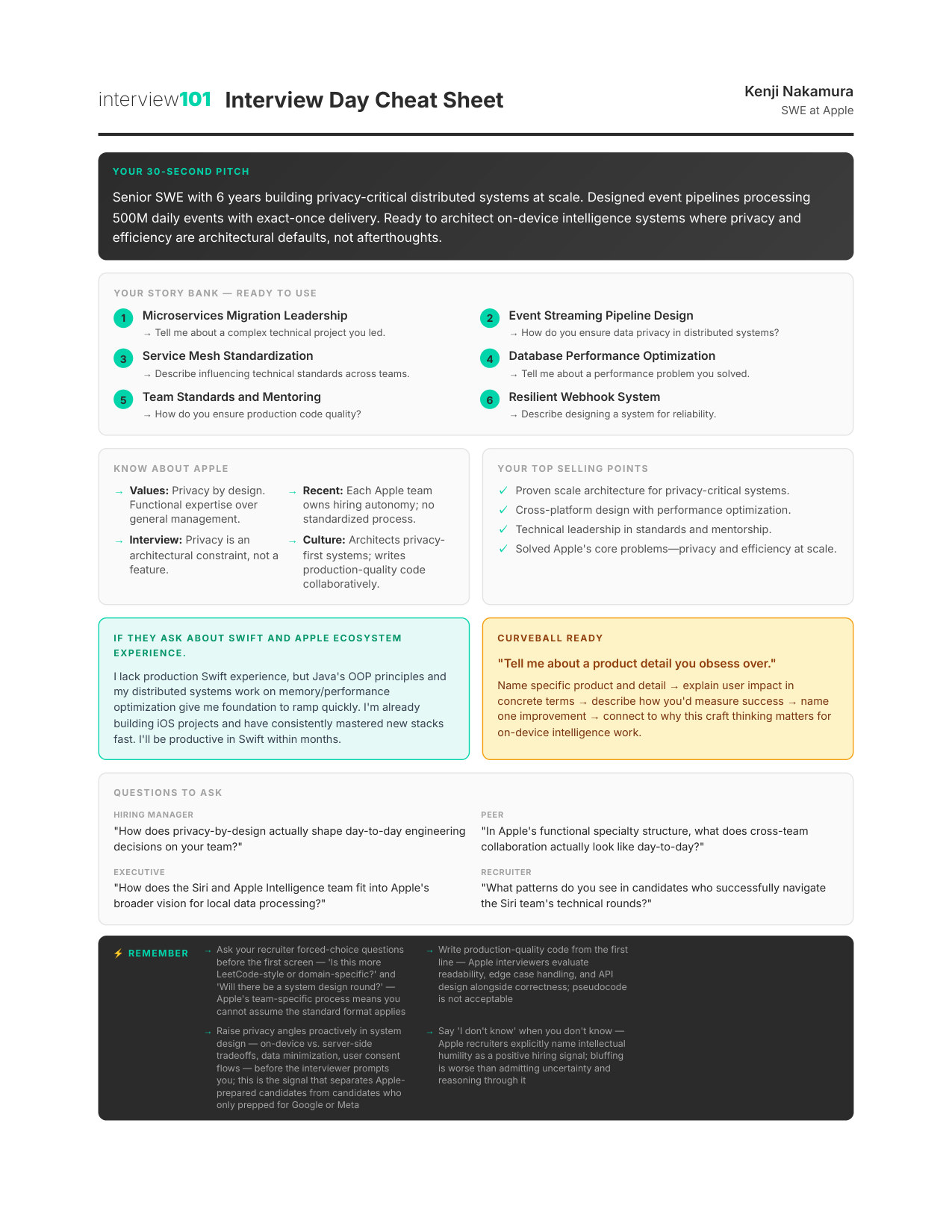 Interview Day Cheat Sheet — Apple TPM interview report