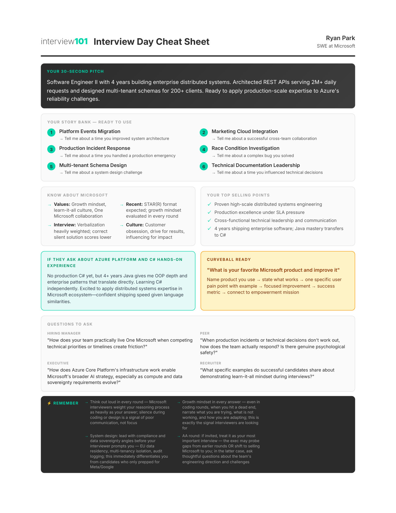 Interview Day Cheat Sheet — Microsoft TPM interview report
