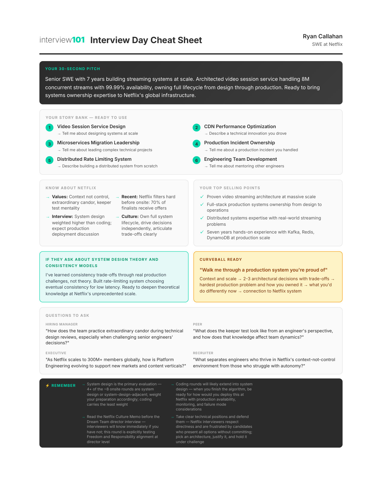 Interview Day Cheat Sheet — Netflix DE interview report