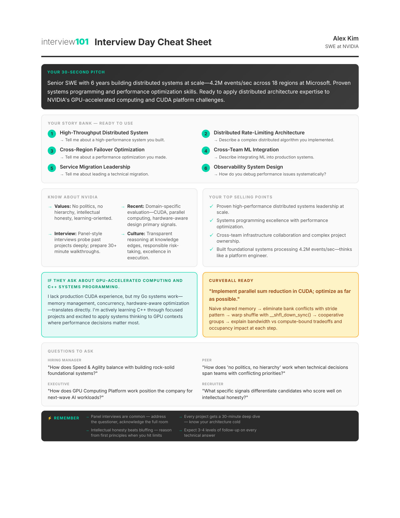 Interview Day Cheat Sheet — NVIDIA MLE interview report